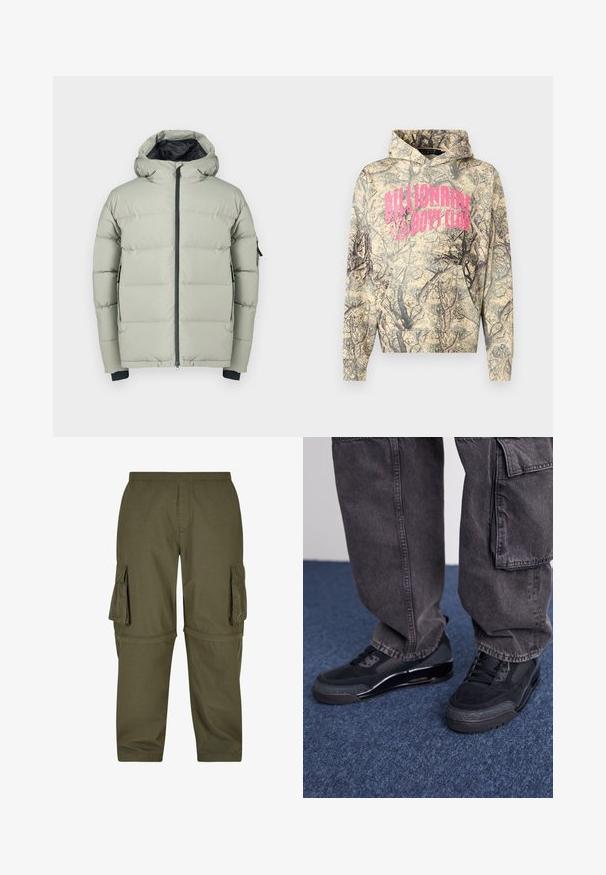 Lys grå pufferjakke med hætte, der har en frontlynlås, elastiske manchetter og to sidelommer. Materialet ser glat og polstret ud.; Hættetrøje med camouflageprint i beige og sort med et pink "Billionaire Boys Club"-logo, der har en kængurulomme og snøre i hætten.; Olivengrøn cargo-bukser lavet af letvægtsstof, med flere sidelommer, elastisk talje og lige pasform.; Sorte sportsko med en struktureret overflade, glatte detaljer og en kraftig sål, der er parret med mørke, løstsiddende cargo-bukser.