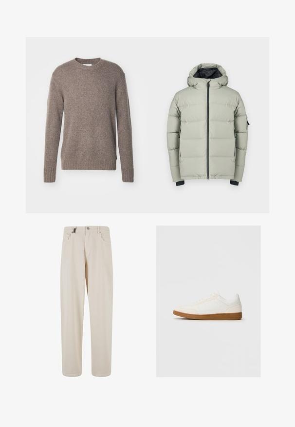 Chaqueta acolchada gris claro con capucha, presenta un cierre frontal, puños elásticos y dos bolsillos laterales. El material parece suave y acolchado.; Suéter marrón de punto con cuello redondo, mangas largas y puños y dobladillo acanalados, que presenta un acabado suave y texturizado.; Pantalones de algodón beige con un diseño de pierna recta, que cuentan con bolsillos frontales y un cierre de botón. Textura suave con un detalle minimal.; Zapatilla blanca con una puntera de ante, parte superior sintética suave y suela de goma marrón. Presenta perforaciones en los laterales para mayor transpirabilidad.