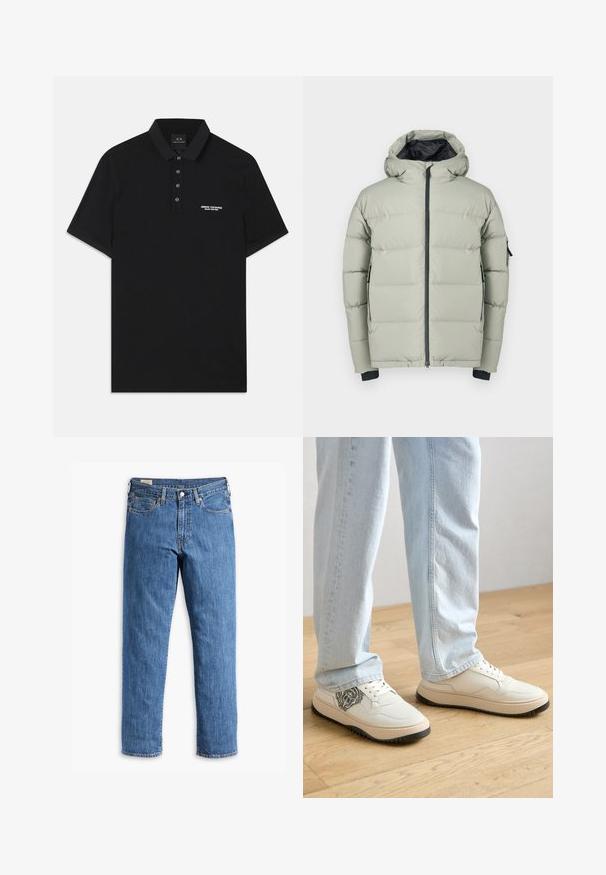 Hellgraue Steppjacke mit Kapuze, ausgestattet mit einem Frontreißverschluss, elastischen Bündchen und zwei Seitentaschen. Das Material wirkt glatt und gepolstert.; Schwarzes Poloshirt aus Baumwolle mit Standardkragen, Dreiknopf-Leiste und kleinem weißen "Armani Exchange"-Logo auf der linken Seite.; Blaue Denim-Jeans mit geradem Bein, Kupferriegeln und Fünf-Taschen-Design. Verfügt über einen genähten Saum und einem klassischen Taillenbund mit Gürtelschlaufen.; Weiße Leder-Sneaker mit einem strukturierten schwarzen Löwendesign an der Seite, mit einer abgerundeten Zehenpartie und einer gepolsterten beigefarbenen Sohle.