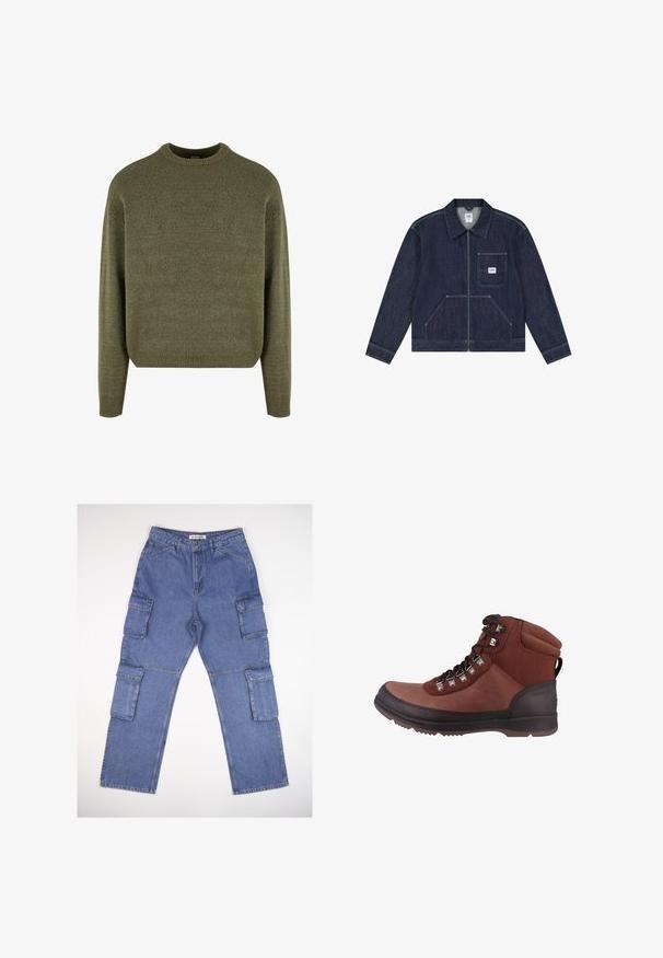 Chaqueta vaquera azul oscuro con cremallera frontal, bolsillo en el pecho con un parche blanco con el logo de Lee y dos bolsillos frontales inferiores.; Suéter de mezcla de lana verde con cuello redondo, puños y dobladillo acanalados, y un acabado suave y texturizado. Ajuste clásico y relajado con hombros caídos.; Pantalones cargo de mezclilla azul con múltiples bolsillos laterales, un diseño de pierna recta y una cinturilla clásica. La tela tiene una ligera textura y desvanecimiento.; Botas de senderismo marrones hechas de cuero y materiales sintéticos, con ojales metálicos, suela duradera, cuello acolchado y detalles impermeables.