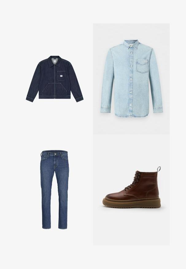 Mørkeblå denimjakke med lynlås foran, brystlomme med en hvid Lee-logo patch og to nederste lommer foran.; Lyseblå denim-skjorte med lange ærmer, knaplukning foran, enkelt brystlomme med Calvin Klein-logo og spids krave.; Herre blå denim jeans med lige ben-design, fem lommers styling og klassisk knap- og lynlåslukning.; Brun læder ankelstøvle med rund tå, snørebåndsfront, polstret krave og tyk gummisål med rillemønster.