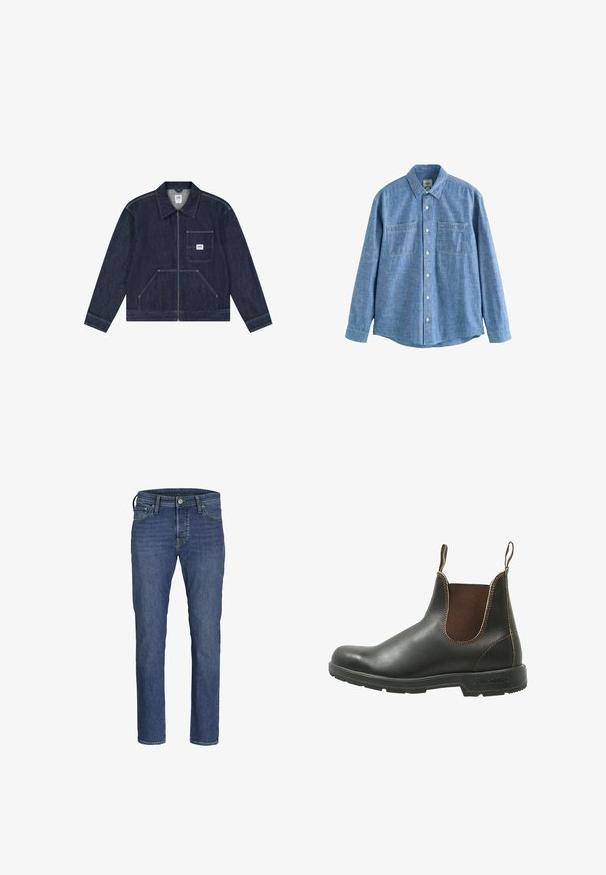 Veste en denim bleu foncé avec fermeture éclair frontale, poche poitrine ornée d'un patch logo Lee blanc, et deux poches frontales inférieures.; Chemise chambray bleue à manches longues avec boutons sur le devant et deux poches poitrine, étalée à plat sur fond blanc.; Jean en denim bleus pour hommes avec une coupe droite, un style à cinq poches et une fermeture classique à boutons et à zip.; Bottines Chelsea en cuir noir lisse avec des panneaux élastiques marron sur les côtés, des coutures contrastantes et une semelle en caoutchouc texturée.