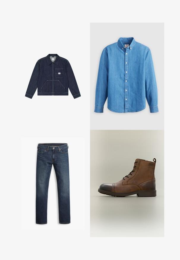Mørkeblå denimjakke med lynlås foran, brystlomme med en hvid Lee-logo patch og to nederste lommer foran.; Lyseblå denimskjorte med lange ærmer, knap-ned krave og hvide knapper. Har et lille broderet logo på brystet.; Herre mørkeblå jeans med lige ben, fem lommer og knaplukning, vist fladt mod en hvid baggrund.; Brun læderstøvle med snørebånd, sort tåhætte, rund sål og mærket detalje på siden mod ensfarvet baggrund.