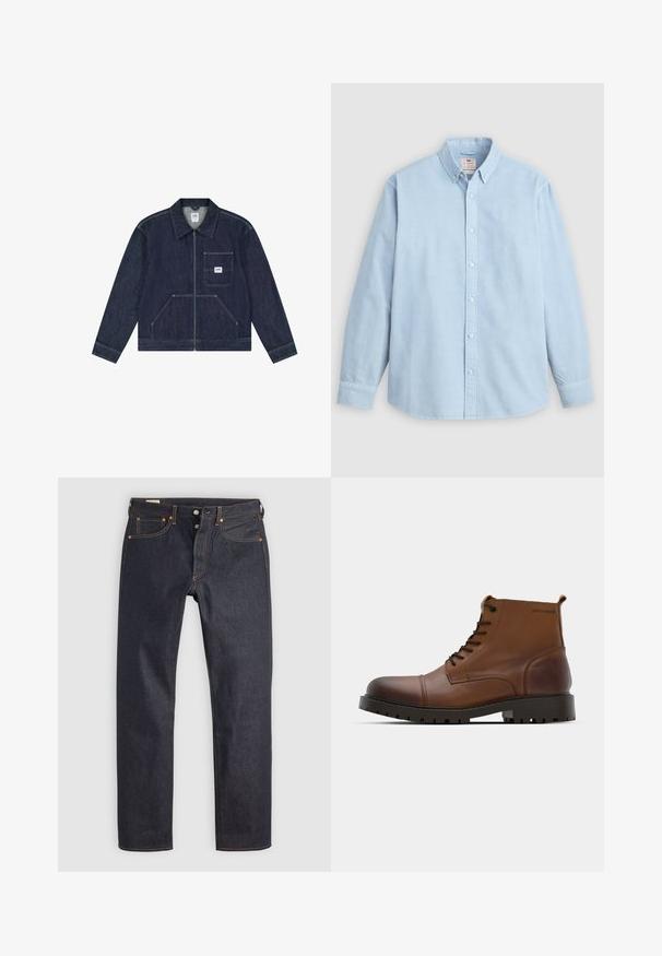 Dunkelblaue Jeansjacke mit Reißverschluss vorne, Brusttasche mit weißem Lee-Logo-Patch und zwei unteren Fronttaschen.; Hellblaues Hemd mit langem Arm, Knopfleiste, Button-Down-Kragen und einer einzelnen Brusttasche, flach liegend auf grauem Hintergrund.; Dunkelblaue Jeans aus Denim mit geradem Bein, versehen mit orangefarbener Naht und klassischem Five-Pocket-Design. Verschluss mit Knopf und Reißverschluss.; Braune Leder-Stiefeletten mit runder Zehenform, schwarzen Schnürsenkeln und strukturiertem Gummisohle. Mit Logodetail an der Seite und glatter Oberfläche.