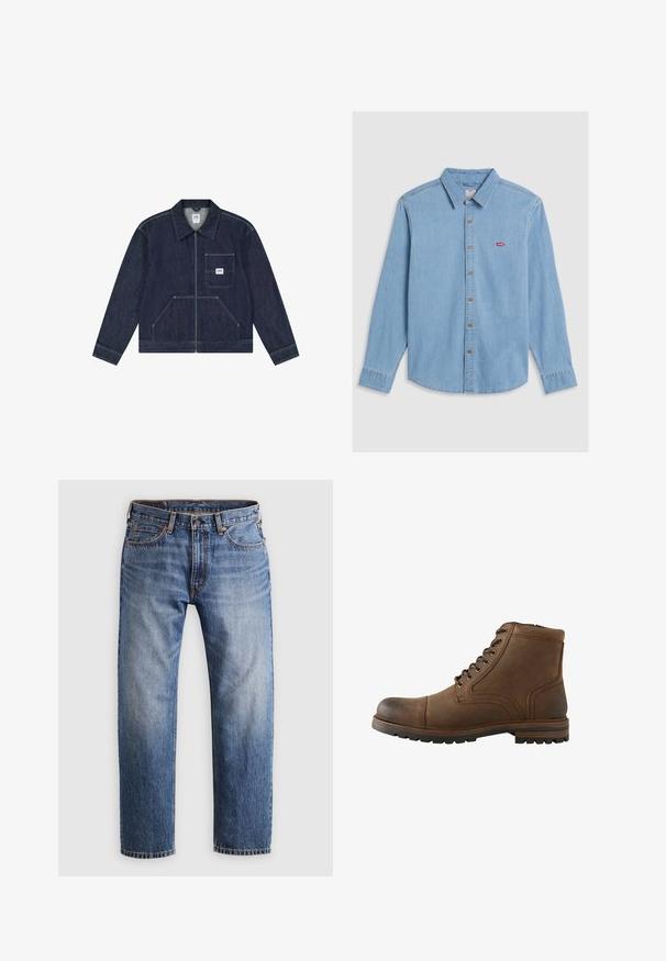 Donkerblauwe spijkerjack met ritssluiting aan de voorkant, borstzak met een witte Lee-logo patch en twee lagere zakken aan de voorkant.; Lichtblauwe denim shirt met lange mouwen, knoopsluiting aan de voorkant en een puntige kraag. Bevat bruine knopen en een kleine rode logopatch.; Rechtemodel blauwe denim jeans met een knoop- en ritssluiting, vijf zakken en oranje stiksels op een lichtgrijze achtergrond.; Bruine leren enkellaars met veters aan de voorkant en een robuuste zool, ontworpen voor casual of buitengebruik.