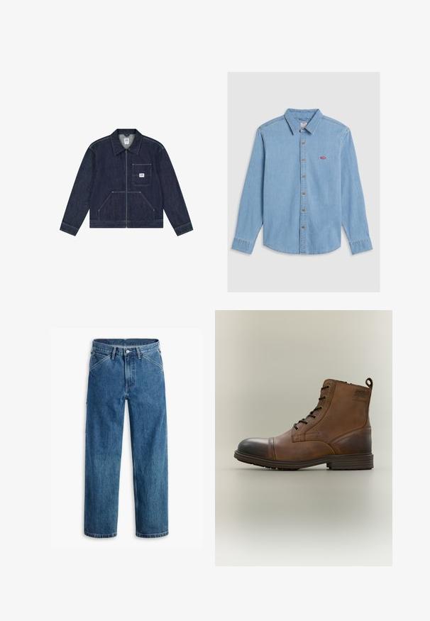 Dunkelblaue Jeansjacke mit Reißverschluss vorne, Brusttasche mit weißem Lee-Logo-Patch und zwei unteren Fronttaschen.; Hellblaues Denim-Shirt mit langen Ärmeln, Knopfleiste und spitzem Kragen. Verfügt über braune Knöpfe und ein kleines rotes Logo-Patch.; Blaue Jeans mit geradem Bein, Vordertaschen, Gürtelschlaufen, Metallknopf und Reißverschluss auf weißem Hintergrund.; Brauner Leder-Schnürstiefel bis zum Knöchel mit schwarzer Zehenkappe, runder Sohle und Markenlabel an der Seite vor schlichtem Hintergrund.