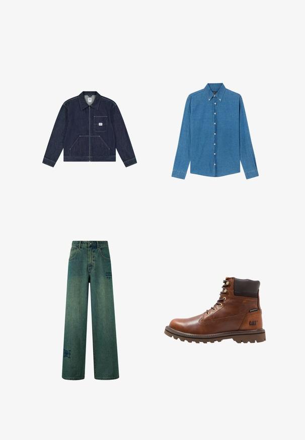 Donkerblauwe spijkerjack met ritssluiting aan de voorkant, borstzak met een witte Lee-logo patch en twee lagere zakken aan de voorkant.; Blauwe denim shirt met een button-down kraag, lange mouwen en knopen aan de voorkant. De stof heeft een gestructureerde afwerking met een klassieke snit.; Brede jeans in donkerblauwe denim met een subtiele vervaagde textuur. Bevat achterzakken en een decoratieve logo-detail.; Bruine leren waterdichte laars met een ronde neus, vetersluiting aan de voorkant, gouden hardware, rubberen zool en een getextureerde bruine enkelkraag. CAT-logo op de zijkant.