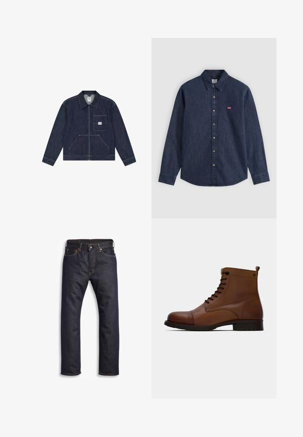 Donkerblauwe spijkerjack met ritssluiting aan de voorkant, borstzak met een witte Lee-logo patch en twee lagere zakken aan de voorkant.; Donkerblauw denim overhemd met lange mouwen, knoopsluiting, puntkraag en klein rood Levi's-logo op de linkerborst.; Donkerblauwe denim jeans met rechte snit, vijf zakken, metalen hardware en contrasterende oranje stiksels. Glad oppervlak, geen zichtbare patronen.; Jack & Jones JFWSHAUN BOOT - Veterboots - cognac