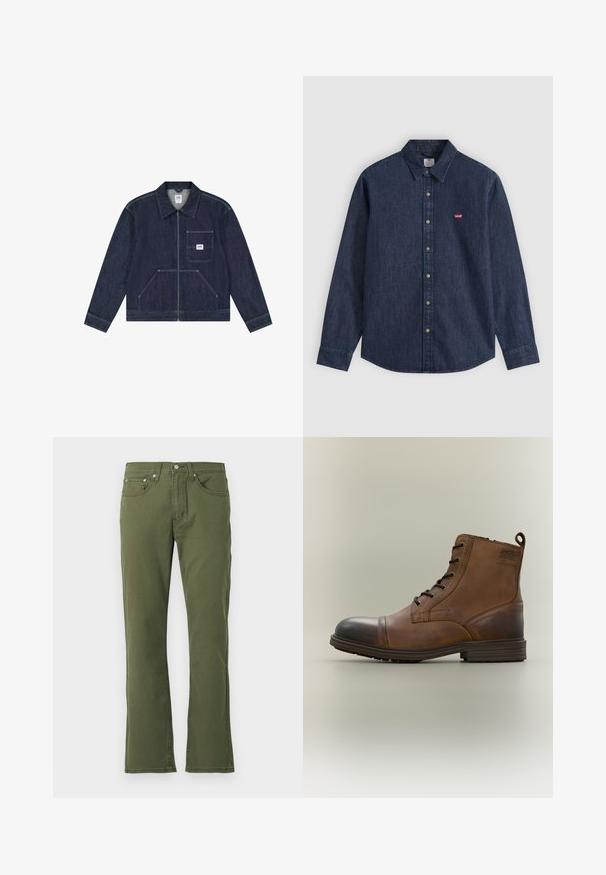 Mørkeblå denimjakke med lynlås foran, brystlomme med en hvid Lee-logo patch og to nederste lommer foran.; Mørkeblå denim skjorte med lange ærmer, knapper for, spids krave og lille rødt Levi's-logo på venstre bryst.; Olivengrønne flared jeans lavet af bomuld med en glat tekstur; har fem lommer, en knaplukning og diskrete stikninger.; Brun læderstøvle med snørebånd, sort tåhætte, rund sål og mærket detalje på siden mod ensfarvet baggrund.