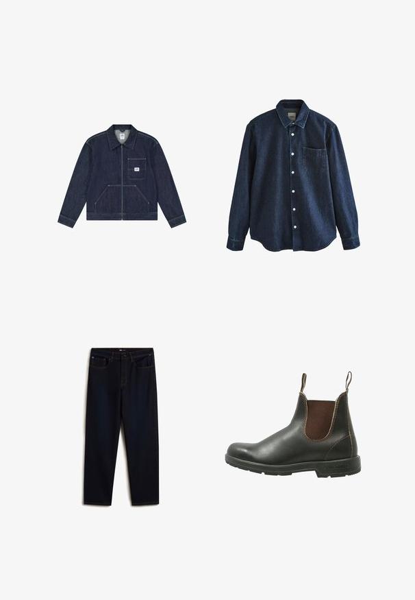 Mørkeblå denimjakke med lynlås foran, brystlomme med en hvid Lee-logo patch og to nederste lommer foran.; Mørkeblå denim skjorte med lange ærmer, knapper foran, krave og en enkelt brystlomme, vist mod hvid baggrund.; Vans Jeans Relaxed Fit - dark blue; Chelsea støvle lavet af glat sort læder med brune elastiske sidepaneler, kontrastsyet, og en struktureret gummisål.