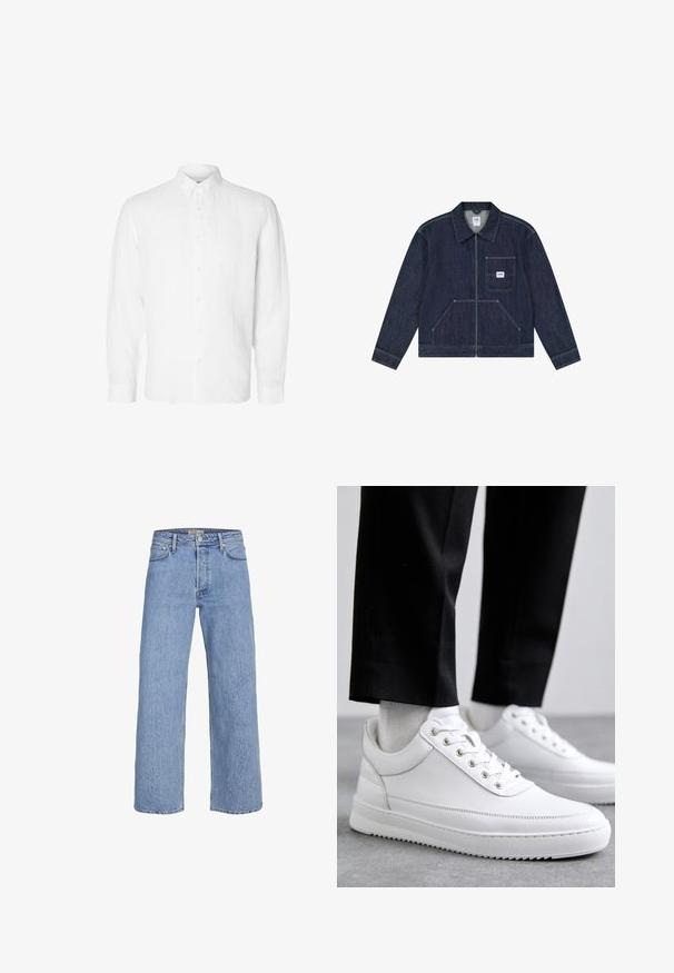 Chaqueta vaquera azul oscuro con cremallera frontal, bolsillo en el pecho con un parche blanco con el logo de Lee y dos bolsillos frontales inferiores.; Camisa blanca de manga larga hecha de lino, con cuello abotonado, botones en el frente y un ajuste relajado con puños rectos.; Jeans de mezclilla azul claro de pierna ancha con una cintura alta, diseño de cinco bolsillos y detalles de costura sutil. Textura suave y piernas de corte recto.; Zapatillas de cuero blanco con una suela de goma plana, que presentan un acabado suave, punta redonda y ojetes de metal para los cordones. Llevadas con pantalones negros.
