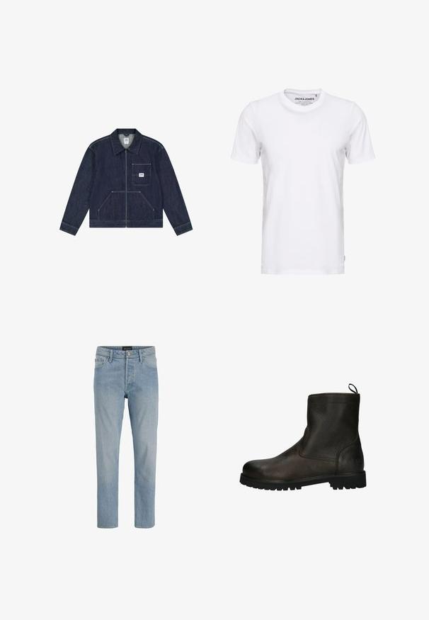Dunkelblaue Jeansjacke mit Reißverschluss vorne, Brusttasche mit weißem Lee-Logo-Patch und zwei unteren Fronttaschen.; Weißes T-Shirt mit kurzen Ärmeln aus Baumwolle, mit Rundhalsausschnitt und einem schlichten Design. Markentag im Nackenbereich sichtbar. Keine Muster oder Verzierungen.; Hellblaue Denim-Jeans mit geradem Schnitt, fünf Taschen, Knopfverschluss und einem leicht ausgewaschenen Finish.; Braune Lederstiefeletten mit strukturiertem Finish, runder Zehenpartie, Zuglasche und robustem schwarzen Gummisohle. Nahtdetails entlang der Seiten.