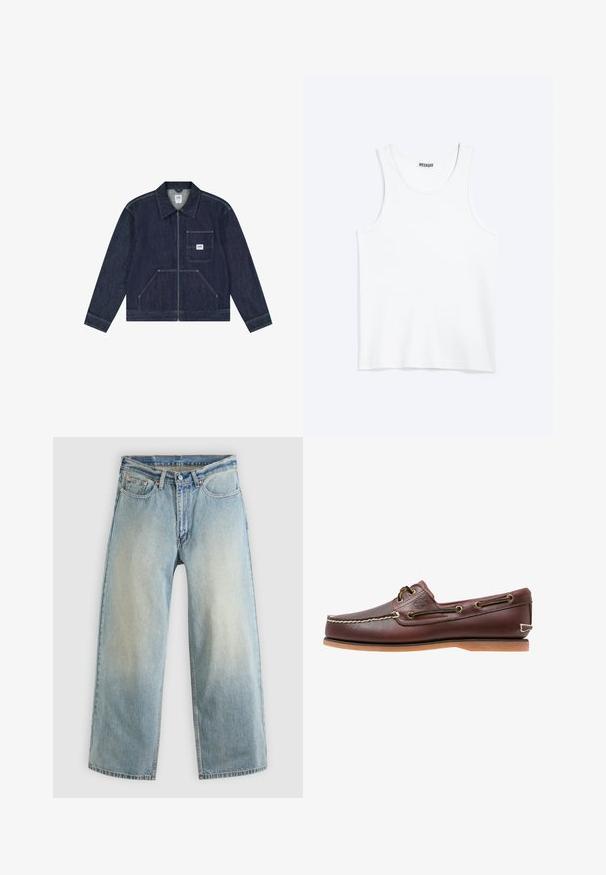 Veste en denim bleu foncé avec fermeture éclair frontale, poche poitrine ornée d'un patch logo Lee blanc, et deux poches frontales inférieures.; Débardeur blanc sans manches avec col rond et étiquette de la marque Weekday à l'intérieur du col arrière, présenté à plat sur un fond clair.; Jean denim bleu clair à jambes larges avec une finition délavée. Comprend un design standard à cinq poches et une fermeture à bouton métallique.; Chaussure bateau en cuir marron avec coutures blanches, détails de lacets et semelle en caoutchouc beige, vue de côté sur fond blanc.