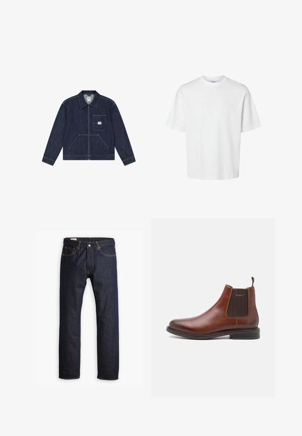 Veste en denim bleu foncé avec fermeture éclair frontale, poche poitrine ornée d'un patch logo Lee blanc, et deux poches frontales inférieures.; T-shirt blanc uni à manches courtes, col rond et coupe décontractée, présenté sur un fond blanc.; Jean en denim bleu marine présentant une coupe droite, des coutures orange et un style à cinq poches avec une fermeture à bouton en métal.; Botte Chelsea en cuir marron avec des panneaux latéraux en elastique, bout rond et un talon bas empilé. Accent texturé marron sur les côtés.