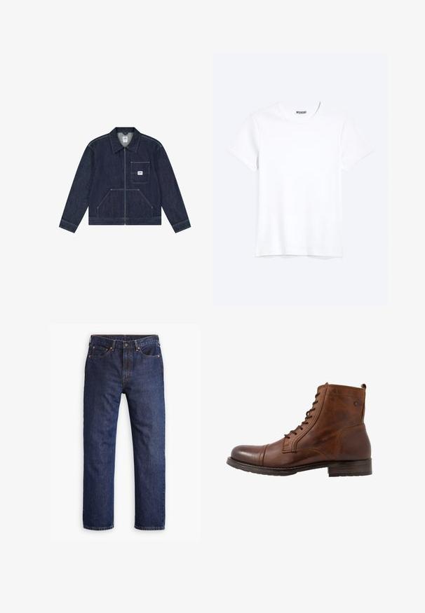 Mørkeblå denimjakke med lynlås foran, brystlomme med en hvid Lee-logo patch og to nederste lommer foran.; Enkelt hvid T-shirt med korte ærmer og rund hals med synligt WEEKDAY-mærke i kraven, vist på en lys baggrund.; Mørkeblå straight-leg denim jeans med frontknap, lynlås, fem lommer og detaljer i kobbernitter.; Brune læderankelstøvle med snørebånd, rund tå, gummisål og subtil ton i ton syning. Har en lille løkke på bagsiden.