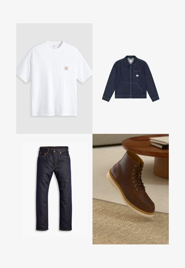 Dunkelblaue Jeansjacke mit Reißverschluss vorne, Brusttasche mit weißem Lee-Logo-Patch und zwei unteren Fronttaschen.; Weißes T-Shirt mit kurzen Ärmeln und Rundhalsausschnitt sowie einer kleinen Brusttasche vorne mit einem beige-roten rechteckigen Label.; Dunkelblaue gerade geschnittene Jeans aus Denim mit fünf Taschen und orangefarbenen Kontrastnähten, flach auf einem weißen Hintergrund ausgelegt.; Braune Leder-Ankle-Boots mit beiger Sohle auf einem strukturierten beigen Teppich neben einem runden Holztisch mit gestapelten Büchern.