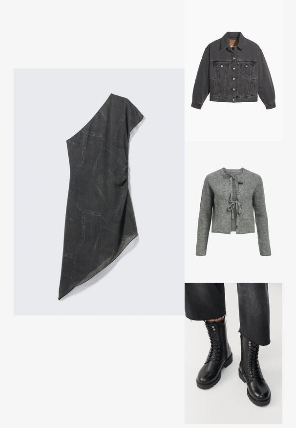 Veste en denim noir avec un col classique, deux poches poitrine, des boutons argentés et une texture légèrement délavée.; Pull en tricot gris avec un col rond, des manches longues et une fermeture à liens à l'avant. La texture est côtelée, créant une apparence chaleureuse.; Robe asymétrique à une épaule en tissu gris foncé, présentant des motifs texturés et cousus ainsi qu'une finition lisse. Se drape délicatement sur un côté.; Bottines noires à cheville avec une finition en cuir lisse, un laçage à l'avant et une fermeture éclair sur le côté. La semelle épaisse et les œillets détaillés ajoutent de la texture.