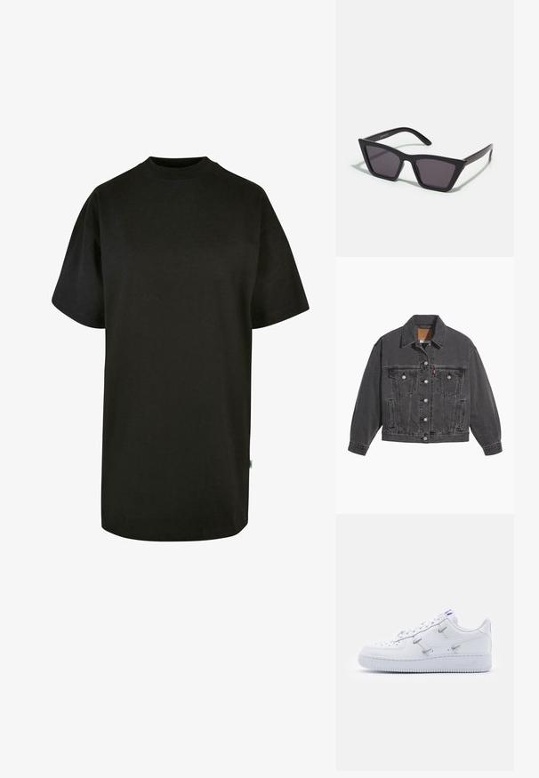 Sort denimjakke med klassisk krave, to brystlommer, sølvfarvede knapper og en let falmet tekstur.; Sort bomulds T-shirt med rund halsudskæring og korte ærmer. Løs pasform, ensfarvet design og ingen synlige mønstre eller accenter.; Nike Sportswear AIR FORCE 1 - Sneakers - white/hyper royal/black; Sorte, kantede solbriller med grå linser; lavet af plast, med tykke stænger med en glat overflade og ingen synlig hardware.
