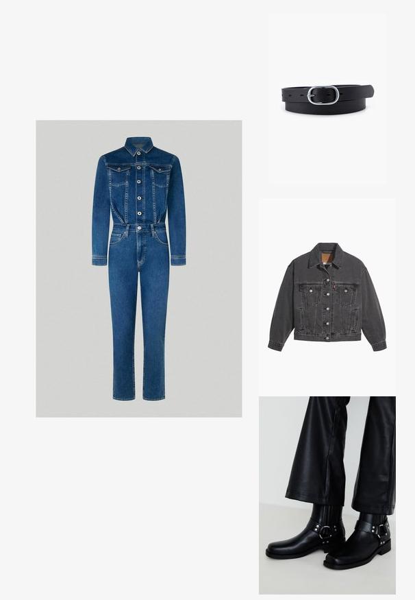 Čierna rifľová bunda so klasickým golierom, dvoma náprsné vreckami, striebornými gombíkmi a jemne vyblednutou textúrou.; Denim overal s dlhými rukávmi, gombíkovým zapínaním na prednej strane, dvoma náprsníkovými vreckami, priliehavým pásom a rovnými nohavicami v strednom modrom vyblednutí.; Čierne kožené členkové topánky s okrúhlou špičkou, s ozdobnou prackou a nitmi na pásiku, a vertikálnym jemným detailom.; Čierny kožený opasok s hladkým povrchom, oválnou striebornou kovovou prackou a viacerými nastavovacími otvormi pozdĺž pásu. Plochý, minimalistický dizajn.