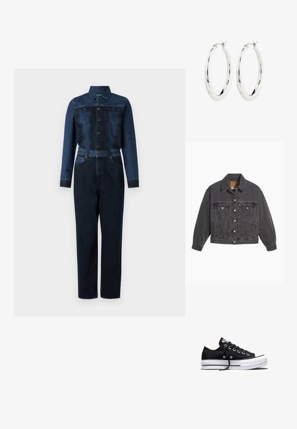 Sort denimjakke med klassisk krave, to brystlommer, sølvfarvede knapper og en let falmet tekstur.; Denim jumpsuit med en mørkeblå farve, lange ærmer, knaplukning foran, krave og bælte i taljen med to brystlommer.; Sort lavt sneakers i lærred med hvid sål i gummi, sorte snørebånd og metaløjer på hvid baggrund.; Sølvøreringe i form af hoops med en glat, blank finish. Cirkulær form, der har en sikker lås. Simpelt og elegant design.