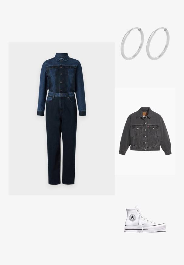 Čierna rifľová bunda so klasickým golierom, dvoma náprsné vreckami, striebornými gombíkmi a jemne vyblednutou textúrou.; Denim overal s tmavomodrou farbou, dlhými rukávmi, zapínaním na gombíky vpredu, golierom a opaskom v páse s dvoma náprsními vreckami.; Biela vysoká teniska Converse Chuck Taylor All Star s čiernymi pruhmi a nášivkou s logom na boku, zobrazená na jednoduchom bielom pozadí.; Strieborné kruhové náušnice, oblého tvaru, hladký lesklý povrch a rovnomerná šírka po celom obvode. Minimalistický dizajn bez ďalších akcentov.