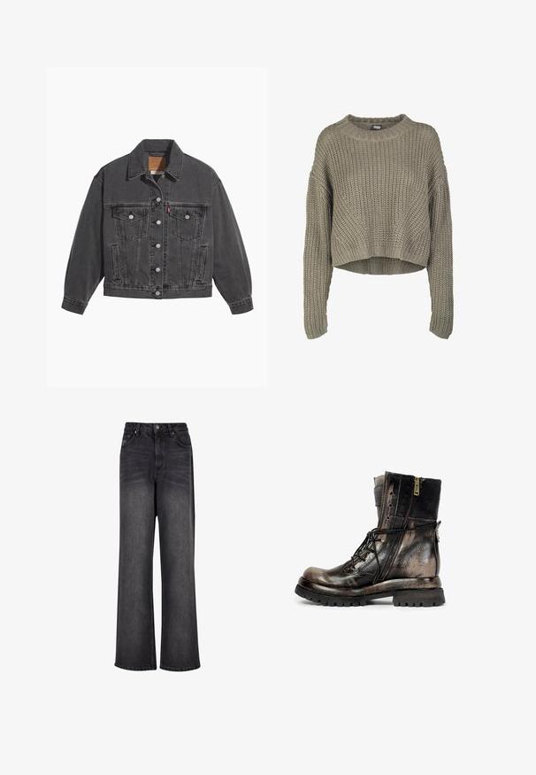 Sort denimjakke med klassisk krave, to brystlommer, sølvfarvede knapper og en let falmet tekstur.; Olivengrøn, kort striktrøje med et tekstureret mønster, rund hals og lange ærmer. Tykt ribkant ved kanten og ærmerne.; Bredde ben sorte denim jeans med en glat tekstur, der har høj talje, forlommer og knaplukning.; Sort og brun læder kampstøvle med sidelukning med lynlås, snørebånd, robust sål og en spænde strop på bagsiden, vist fra højre side.