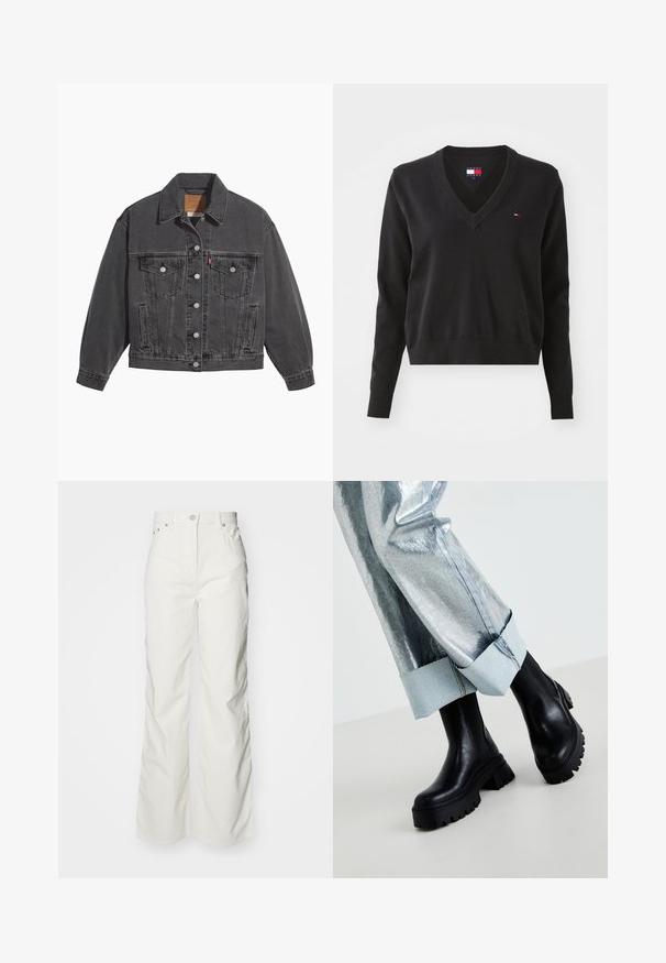 Veste en denim noir avec un col classique, deux poches poitrine, des boutons argentés et une texture légèrement délavée.; Pull noir à col en V fabriqué à partir d'un matériau tricoté doux. Il dispose de manches longues et d'un petit logo sur la poitrine gauche. Poignets et ourlet côtelés.; Jean large blanc à taille haute, confectionné en tissu coton texturé, avec cinq poches et des détails en métal.; Bottines noires épaisses à la cheville avec des semelles texturées, portées avec un pantalon argent métallique doté d'un revers en denim clair. Design minimaliste, matériaux élégants.
