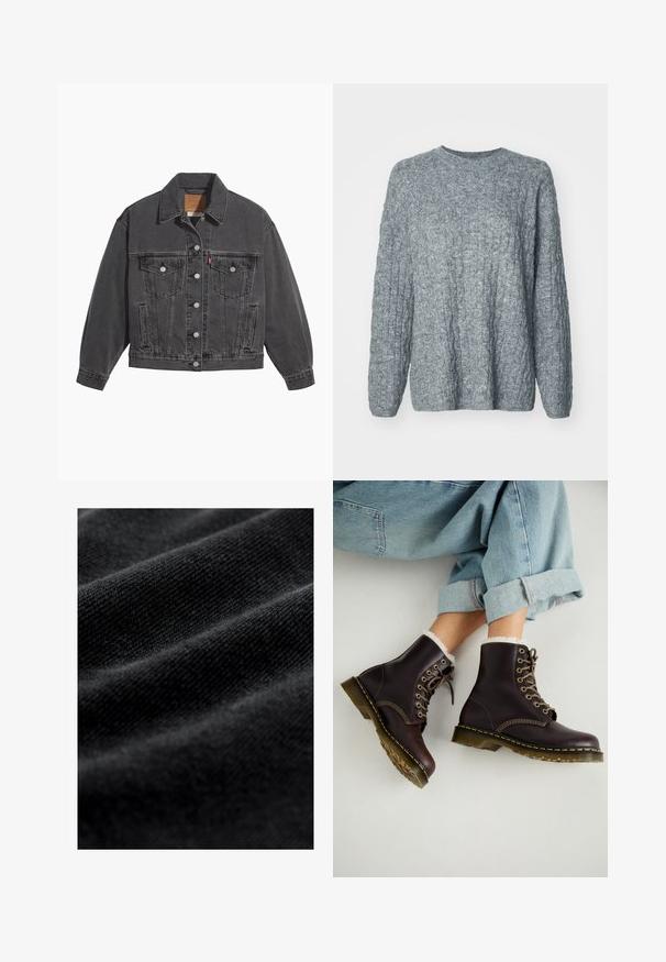 Veste en denim noir avec un col classique, deux poches poitrine, des boutons argentés et une texture légèrement délavée.; Pull en tricot gris avec un design texturé et côtelé. Encolure ras du cou et manches longues. Fabriqué à partir d'un matériau doux et de poids moyen.; Tissu noir avec une texture lisse et douce, présentant de subtiles plis horizontaux et un motif de tissage uniforme. Aucun motif ou accent visible.; Bottes de cheville en cuir marron avec un design à lacets, doublure en fourrure, couture jaune et semelles en caoutchouc épaisses. Portées avec un jean bleu clair retroussé.