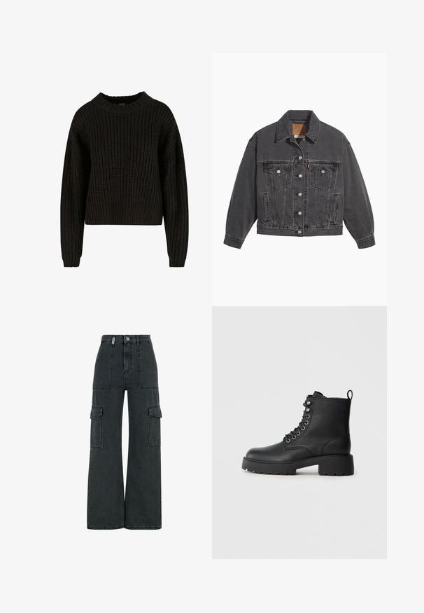 Veste en denim noir avec un col classique, deux poches poitrine, des boutons argentés et une texture légèrement délavée.; Pull en tricot noir à texture côtelée, col rond et manches longues. Design court avec une coupe ample. Pas de motifs ni de matériel visible.; Pantalons cargo en denim noir à jambes larges, avec deux grandes poches latérales, une fermeture à bouton et des détails de couture visibles.; Bottines en cuir noir avec un bout arrondi, un laçage à l'avant et une semelle épaisse à relief. Elles possèdent une languette à l'arrière.