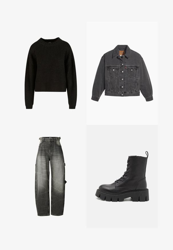 Sort denimjakke med klassisk krave, to brystlommer, sølvfarvede knapper og en let falmet tekstur.; Sort strikket trøje med ribbet tekstur, rund halsudskæring og lange ærmer. Afkortet design med en løs pasform. Ingen synlige mønstre eller metaldele.; Sorte jeans med vide ben, høj talje, forlommer og bæltestropper, med en lomme detalje på højre ben.; Sort læder ankelstøvle med snørebånd foran, tyk platformsål og løkke til at trække i; glat tekstur og subtil branding på hælen.