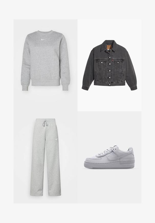 Mustast teksariidest jakk, millel on klassikaline krae, kaks rinnataskut, hõbedased nööbi kinnitused ja kergelt tuhmunud tekstuur.; Hallitus sweatshirt, mis on valmistatud pehmest kangast, omab ümarat kaelust, soonikkoes mansette ja rinda väikest valget Nike logo.; Hallide higi värvi spordipüksid, elastse vöökoht ja paelaga detail, millel on vasakul reiel väike valge Nike logo. Pehme kangas, laiem lõige.; Hallitus hallid Nike Air Force 1 sneakerid, millel on augustatud varvas, siledast nahast ülemine osa, paks tall ning reljeefne 'AIR' detail kontsapadjal.