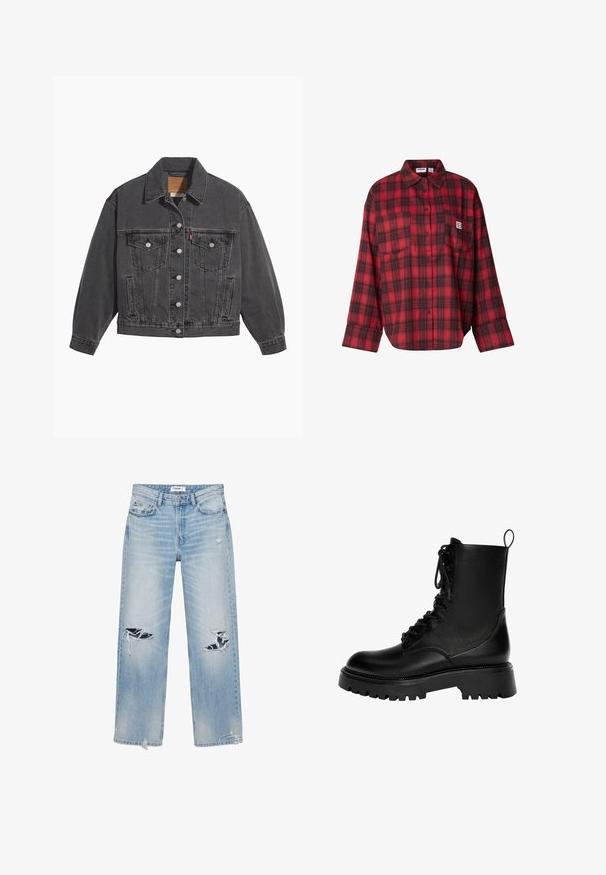 Veste en denim noir avec un col classique, deux poches poitrine, des boutons argentés et une texture légèrement délavée.; Chemise en flanelle à carreaux rouges et noirs, manches longues, fermeture à boutons, deux poches poitrine, texture douce, coupe décontractée, motif rectangulaire.; Jean droit bleu clair avec des trous effilochés aux deux genoux et des ourlets usés, doté de poches avant et d'une fermeture à boutons.; Botte de cheville noire à lacets en cuir synthétique, dotée d'une semelle épaisse, d'une languette et de détails de couture prononcés.
