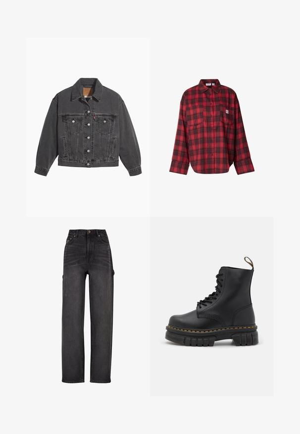 Sort denimjakke med klassisk krave, to brystlommer, sølvfarvede knapper og en let falmet tekstur.; Rød og sort ternet flannelsskjorte med lange ærmer, knaplukning foran, to brystlommer, blød tekstur, afslappet pasform, rektangulært design.; Højtaljede cargo jeans i sort denim med vid ben-design, sidelommer og subtile falmning detaljer. Holdbart stof og kontraststik.; Sort læder snørre støvle med en kraftig sål, gul syning, rund tå og en træksløjfe bagpå for nem påtagning.