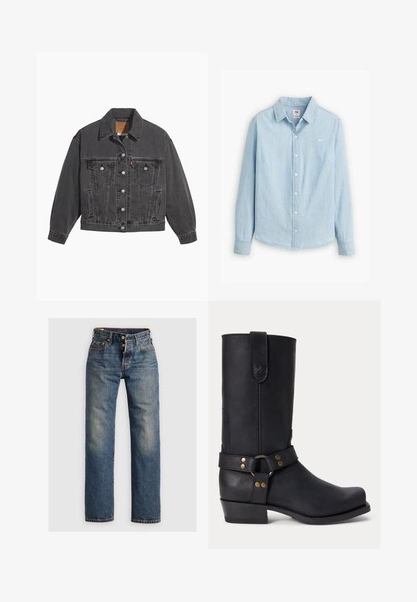 Sort denimjakke med klassisk krave, to brystlommer, sølvfarvede knapper og en let falmet tekstur.; Lyseblå skjorte med knapper lavet af blødt denimstof. Har en klassisk krave og lange ærmer, med et lille logo på brystet.; Blå denimjeans med lige ben, der har synlige sømme, en lynlås, og fem lommer. Udsatte områder tilføjer tekstur.; Sort læder mellemhøje støvler med lav hæl, rund tå og dekorativ rem med metalnitter og ring omkring anklen.
