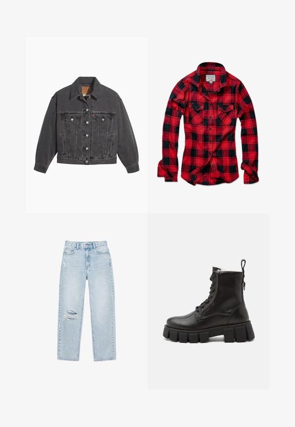 Sort denimjakke med klassisk krave, to brystlommer, sølvfarvede knapper og en let falmet tekstur.; Rød og sort ternet flannel skjorte med lange ærmer, to brystlommer, spids krave og knaplukning foran. Blød stof tekstur.; Lyseblå denimjeans med løs pasform, der har slidte huller ved knæene og subtil falmning over det hele. Standard design med fem lommer.; Sorte læder ankelstøvler med en kraftig gummisål, rund tå, snørebånd fortil og en løkke bagerst for nem påtagning.