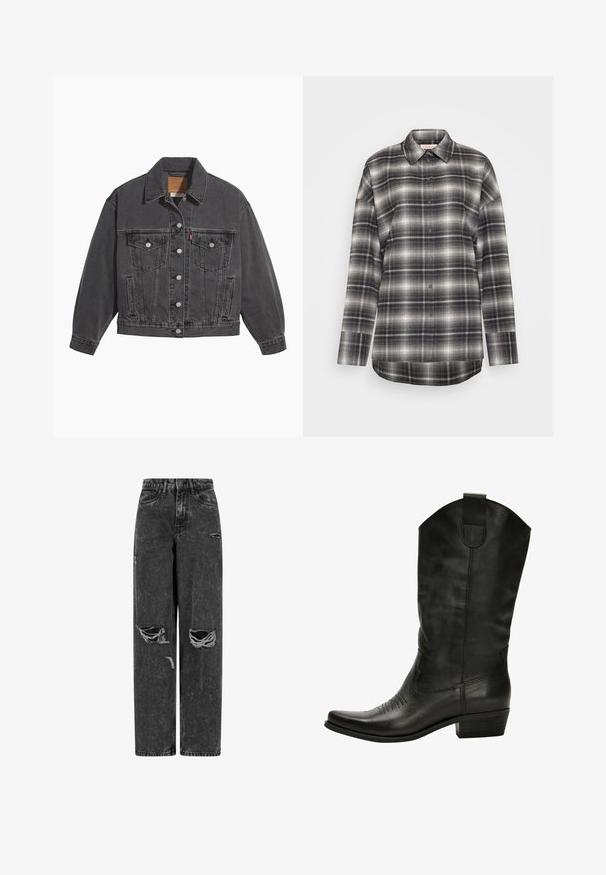 Sort denimjakke med klassisk krave, to brystlommer, sølvfarvede knapper og en let falmet tekstur.; Tjekket skjorte med lange ærmer i sorte, grå og hvide nuancer. Har knaplukning foran, spidse krave og en afslappet pasform med en lige kant.; Sorte højtaljede brede bukser af jeans med rifter på knæene og slidte detaljer på en hvid baggrund.; Sorte læder cowboy støvler med spids tå, diskrete syninger og en stablet hæl. Har en høj skaft og en trækflige.
