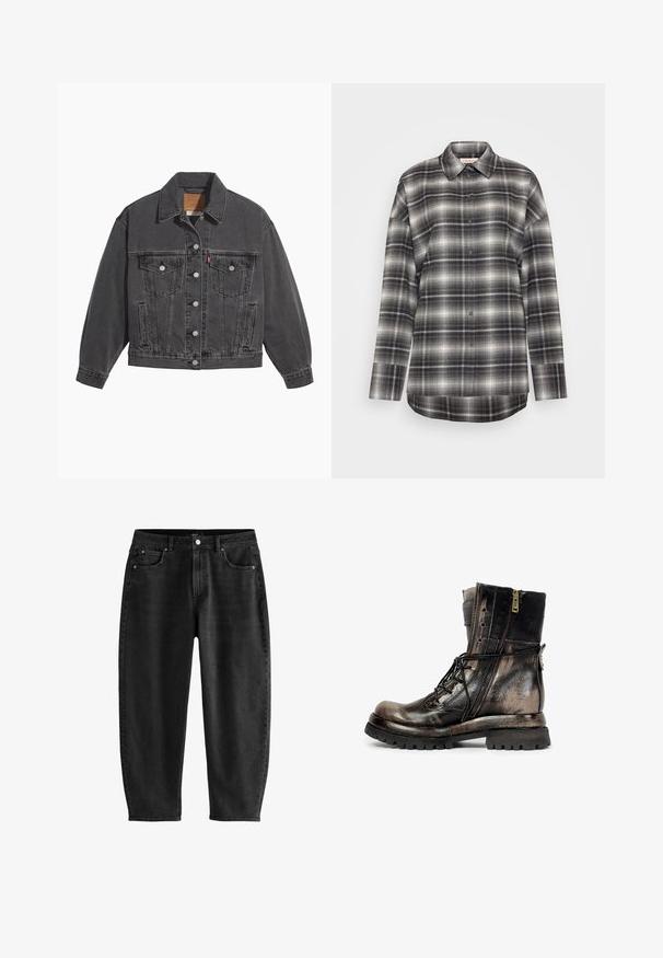 Veste en denim noir avec un col classique, deux poches poitrine, des boutons argentés et une texture légèrement délavée.; Chemise à manches longues à carreaux en noir, gris et blanc. Dotée d'une fermeture à boutons à l'avant, d'un col pointu et d'une coupe décontractée avec un ourlet droit.; Jean en denim noir avec une coupe décontractée, présentant un design classique à cinq poches, un bouton de fermeture et des détails de couture subtils.; Botte de combat en cuir noir et marron avec fermeture éclair latérale, lacets, semelle robuste et une sangle à boucle à l'arrière, vue du côté droit.