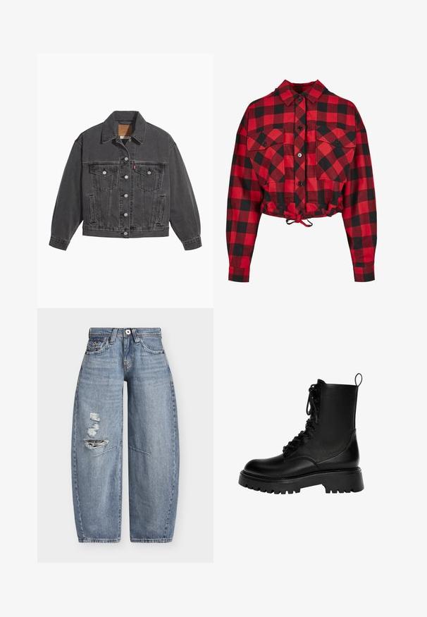 Sort denimjakke med klassisk krave, to brystlommer, sølvfarvede knapper og en let falmet tekstur.; Rød og sort ternet cropped jakke med knaplukning foran, to brystlommer og justerbar snoretræk i kanten. Lange ærmer.; Blå denim jeans med vide ben, høj talje og slidte revner på venstre lår, med forlommer og bæltestropper.; Sorte snørebånd ankelstøvler lavet af syntetisk læder, med en kraftig sål, trækstrop og fremtrædende syninger.
