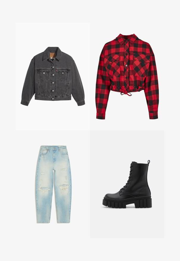 Veste en denim noir avec un col classique, deux poches poitrine, des boutons argentés et une texture légèrement délavée.; Veste courte en tartan rouge et noir, dotée d'une fermeture à boutons, de deux poches poitrine et d'un cordon de serrage ajustable à l'ourlet. Manches longues.; Jean bleu clair taille haute avec déchirures usées aux cuisses et aux genoux, poches avant et fermeture par bouton.; Bottines en cuir noir avec semelle épaisse et rainurée, devant à lacets et tirette sur fond blanc lisse.
