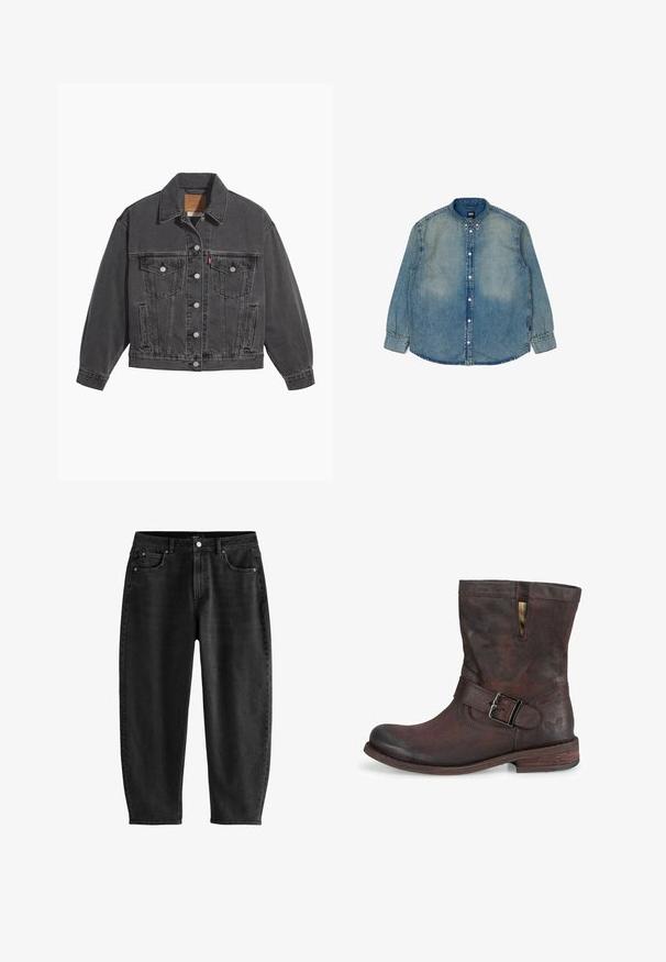 Sort denimjakke med klassisk krave, to brystlommer, sølvfarvede knapper og en let falmet tekstur.; Lys blå denimskjorte med lange ærmer, knaplukning foran, klassisk krave og subtilt slid. Har syet detaljering langs sømmene.; Sorte denim jeans med en afslappet pasform, der har et klassisk fem-lomme design, en knaplukning og subtile syningsdetaljer.; Brun læder ankelstøvle med rund tå, spænde detalje og struktureret finish. Har en syet accent og lav stabil hæl.