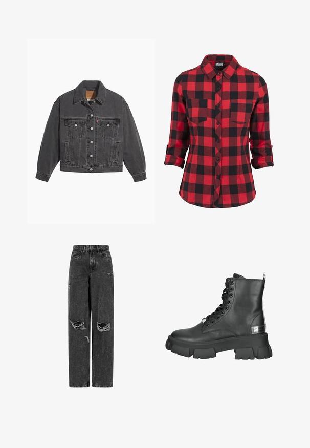 Veste en denim noir avec un col classique, deux poches poitrine, des boutons argentés et une texture légèrement délavée.; Chemise en flanelle à carreaux rouge et noir, manches longues avec poignets retroussés, col pointu, deux poches poitrine, devant à boutons, texture douce.; Jean noir taille haute, large, avec des genoux déchirés et des détails usés sur fond blanc.; Bottines en cuir noir avec une semelle plateforme épaisse, un bout rond, un laçage avant avec des œillets en métal et une languette à l'arrière.