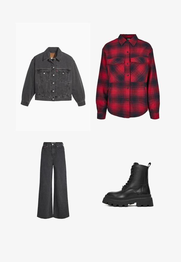 Sort denimjakke med klassisk krave, to brystlommer, sølvfarvede knapper og en let falmet tekstur.; Rød og sort ternet flannel skjorte med knaplukning foran, to brystlommer og lange ærmer med knapmanchetter. Teksturere stof.; Sorte jeans med høj talje og vide ben, lukkes foran med knap og lynlås, forlommer og frynset kant.; Sorte læder støvler med snørebånd og en tyk, tekstureret gummisål samt robust design. Har en trækflig for nem påtagning.