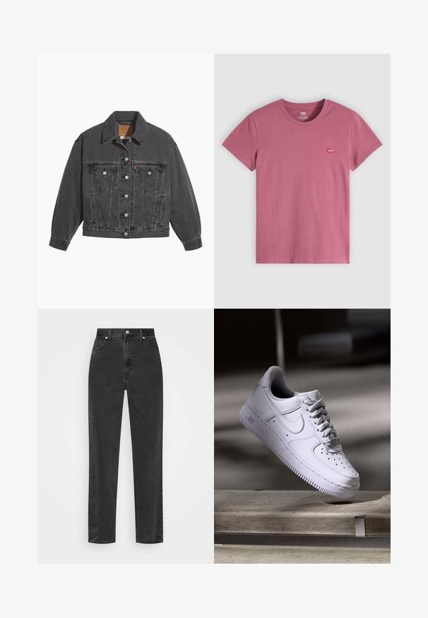 Zwarte spijkerjas met een klassieke kraag, twee borstzakken, zilveren knoopsluitingen en een licht vervaagde structuur.; Roze katoenen T-shirt met een ronde hals. Voorzien van korte mouwen en een klein rood Levi's logo op de linkerborst. Soepele textuur.; Zwarte denim jeans met rechte pijpen en hoge taille, met een knoop en rits aan de voorkant en vijf zakken, op een witte achtergrond.; Witte Nike Air Force 1 sneaker die zweeft boven een betonnen oppervlak met schaduwen in een minimalistische setting.