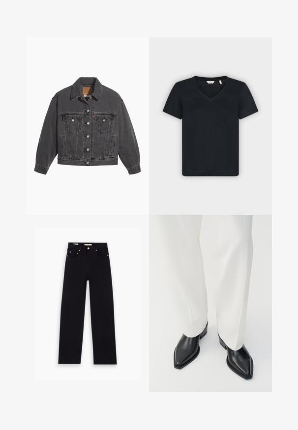Veste en denim noir avec un col classique, deux poches poitrine, des boutons argentés et une texture légèrement délavée.; T-shirt noir à manches courtes en V avec étiquette de marque GANT à l'intérieur du col, présenté sur un fond gris clair uni.; Jean en denim noir avec une coupe droite, cinq poches, matériel en cuivre et texture lisse. Deux étiquettes visibles sur la taille.; Bottines noires à bout pointu en cuir lisse, avec des talons bas en bloc, associées à un pantalon large blanc. Design simple et moderne.