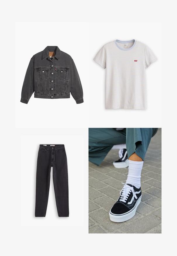 Zwarte spijkerjas met een klassieke kraag, twee borstzakken, zilveren knoopsluitingen en een licht vervaagde structuur.; Wit T-shirt met korte mouwen met dunne horizontale blauwe en beige strepen en een klein rood Levi's-logo op de linkerborst.; Zwarte denim jeans met een straight-leg ontwerp, voorzien van vijf zakken, sluiting met een knoop aan de voorkant en gestikte details langs de naden.; Zwarte suède sneaker met witte accenten en veters, uitgerust met een dikke witte zool en contrasterende stiksels, gecombineerd met een witte sok.