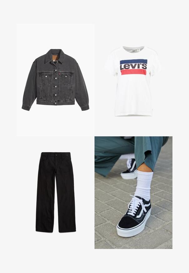 Sort denimjakke med klassisk krave, to brystlommer, sølvfarvede knapper og en let falmet tekstur.; Hvid bomulds t-shirt med korte ærmer og rund hals, med et centralt blå, rød og sort Levi's logo design.; Sorte denimbukser med lige ben, frontlukning med knap og fem lommer. Glat tekstur og minimale syninger.; Sorte ruskinds sneakers med hvide accenter og snørebånd, der har en tyk hvid sål og kontrasterende syninger, parret med en hvid sok.