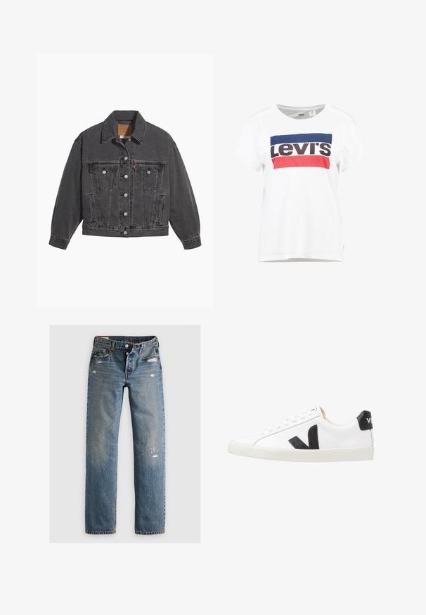 Veste en denim noir avec un col classique, deux poches poitrine, des boutons argentés et une texture légèrement délavée.; T-shirt en coton blanc à manches courtes et col rond, arborant un design central du logo Levi's en bleu, rouge et noir.; Jean en denim bleu avec une coupe droite, présentant des détails déchirés et des patches décolorés. Le tissu a une finition texturée et des coutures surpiquées.; Baskets blanches avec un logo V noir, présentant un dessus en cuir lisse, un bout rond, un système de laçage et un empiècement au talon noir contrastant.