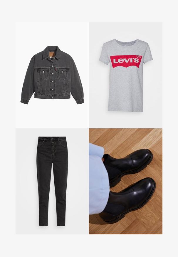 Sort denimjakke med klassisk krave, to brystlommer, sølvfarvede knapper og en let falmet tekstur.; Grå bomulds t-shirt med et stort rødt Levi's-logo på tværs af brystet, med en klassisk rund halsudskæring og korte ærmer.; Højtaljede sorte denimjeans med knaplukning, fem lommer og slim fit. Glat tekstur med minimal falmet og uden udsmykninger.; Sorte ankelstøvler lavet af glat læder med elastiske sidepaneler, en tekstureret gummisål og kontraststing langs kanten.