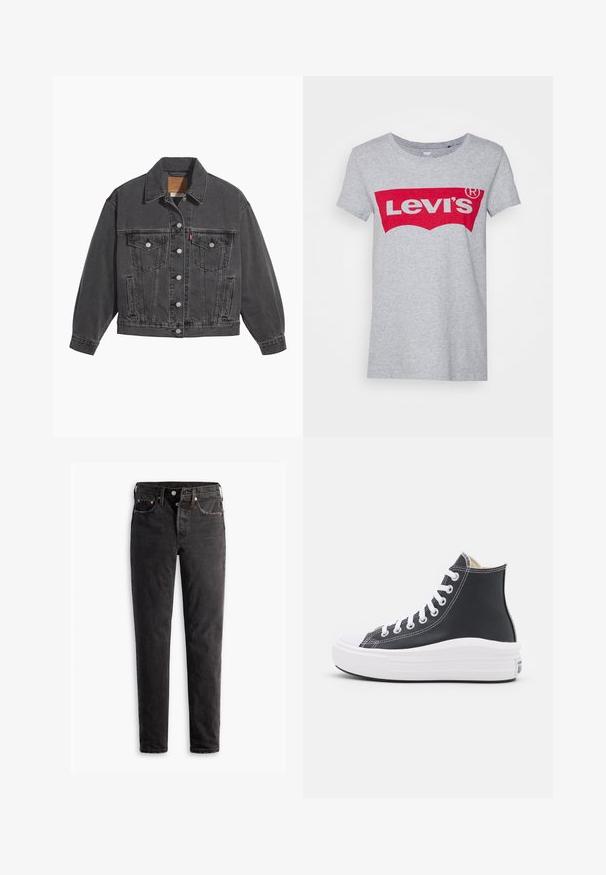 Sort denimjakke med klassisk krave, to brystlommer, sølvfarvede knapper og en let falmet tekstur.; Grå bomulds t-shirt med et stort rødt Levi's-logo på tværs af brystet, med en klassisk rund halsudskæring og korte ærmer.; Sorte denim jeans med lige ben, der har fem lommer, kobberhardware og en let slidte måde.; Sorte høje sneakers med hvide snørebånd og gummisål. Har en glat læderstruktur og hvide stikninger.