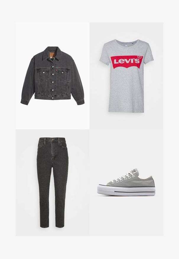 Zwarte spijkerjas met een klassieke kraag, twee borstzakken, zilveren knoopsluitingen en een licht vervaagde structuur.; Grijze katoen t-shirt met een groot rood Levi's logo over de borst, met een klassieke ronde hals en korte mouwen.; Zwarte denim jeans met hoge taille en een slim fit, voorzien van een knoopsluiting, riemlussen en een klassieke vijf-pocket ontwerp.; Grijze canvas sneakers met witte veters, rubberen neuspunt en een dikke, witte rubberen zool met twee zwarte strepen aan de zijkant.